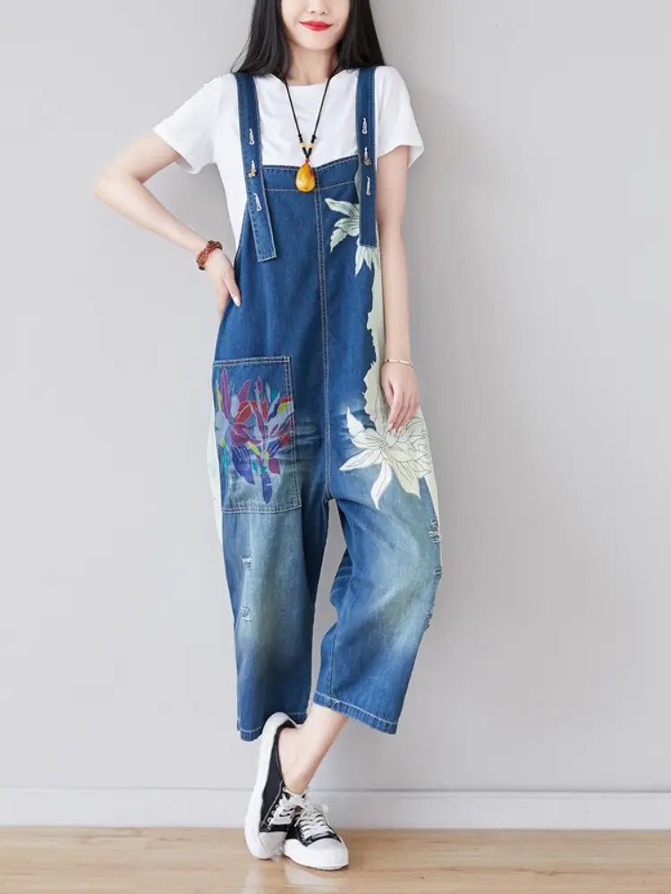 Jumpsuits Women Jeans Denim One Piece Suspenders Overalls Print Wide Leg Long Pants High Waist Rompers Y2k Streetwear Work 2025