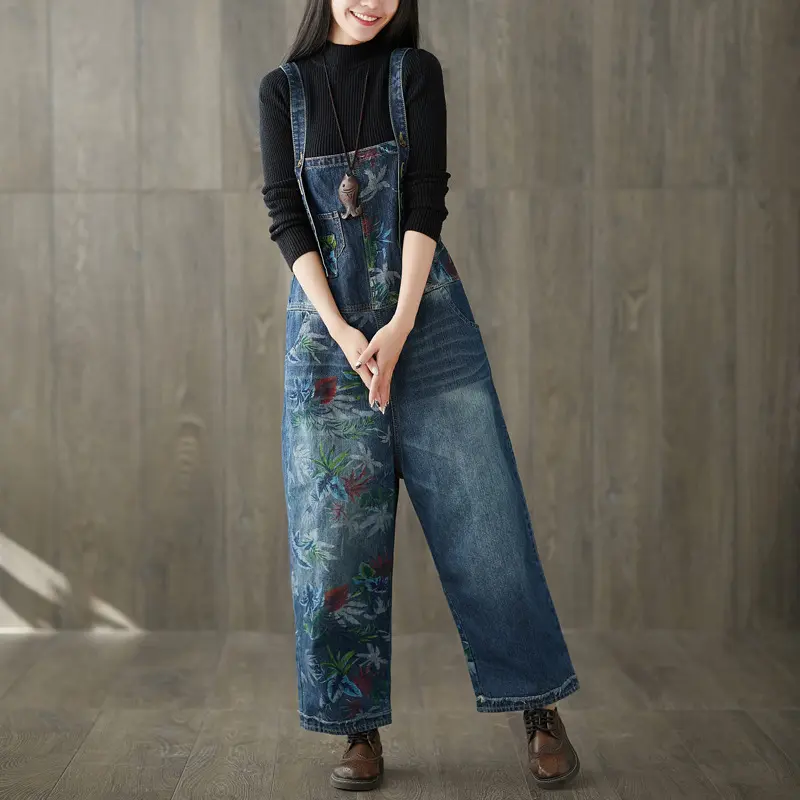 Jumpsuits Women Print One Piece Suspenders Denim Overalls Wide Leg Long Pants High Waist Rompers Y2k Streetwear Work Elegant