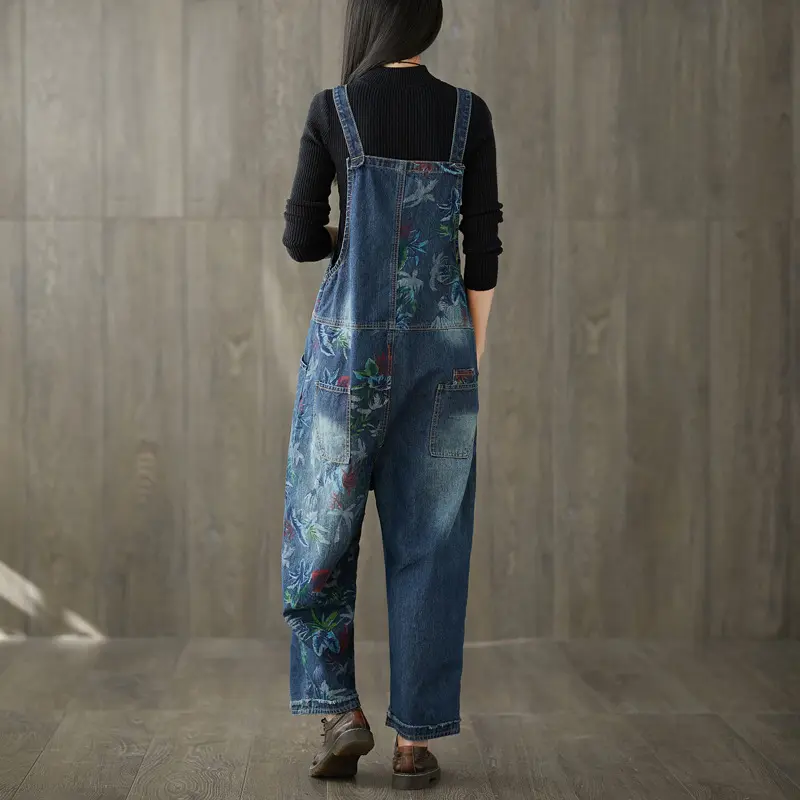 Jumpsuits Women Print One Piece Suspenders Denim Overalls Wide Leg Long Pants High Waist Rompers Y2k Streetwear Work Elegant