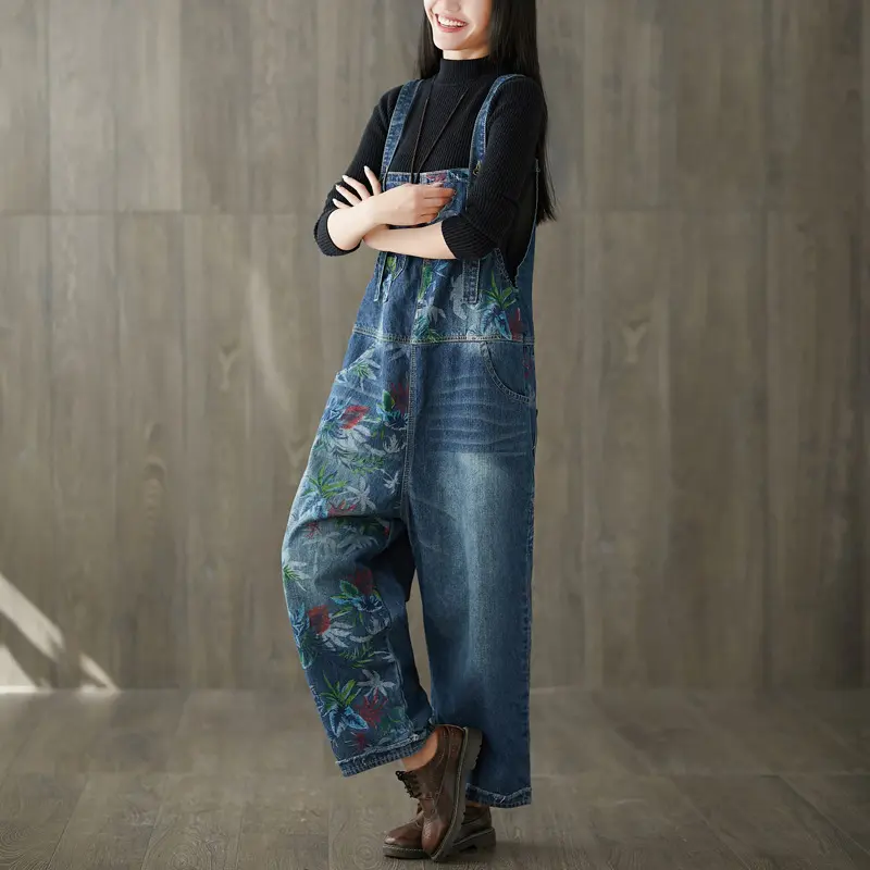 Jumpsuits Women Print One Piece Suspenders Denim Overalls Wide Leg Long Pants High Waist Rompers Y2k Streetwear Work Elegant