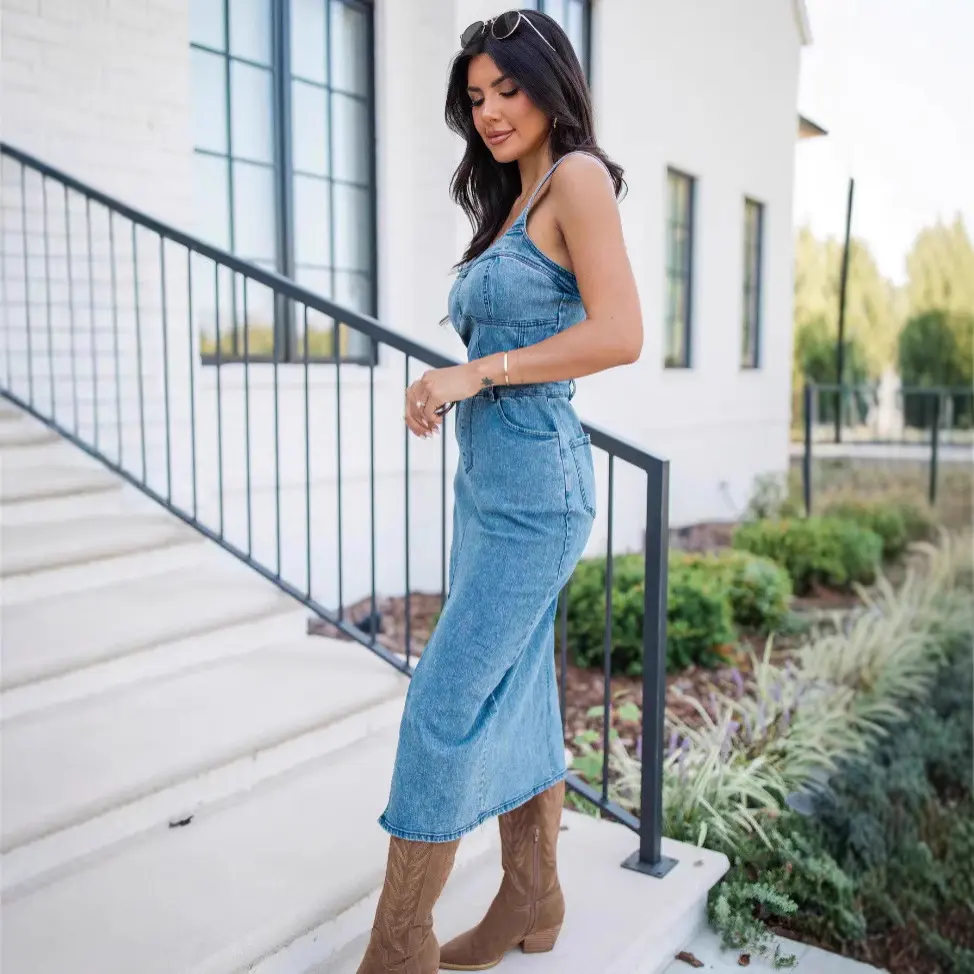 Women Jeans Dress Long Dresses Y2k Denim Streetwear Sleeveless Zipper Pockets Office Lady Slim 2025 Summer Vintage Vestidos
