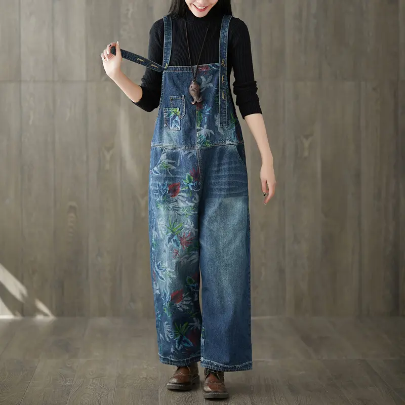 Jumpsuits Women Print One Piece Suspenders Denim Overalls Wide Leg Long Pants High Waist Rompers Y2k Streetwear Work Elegant