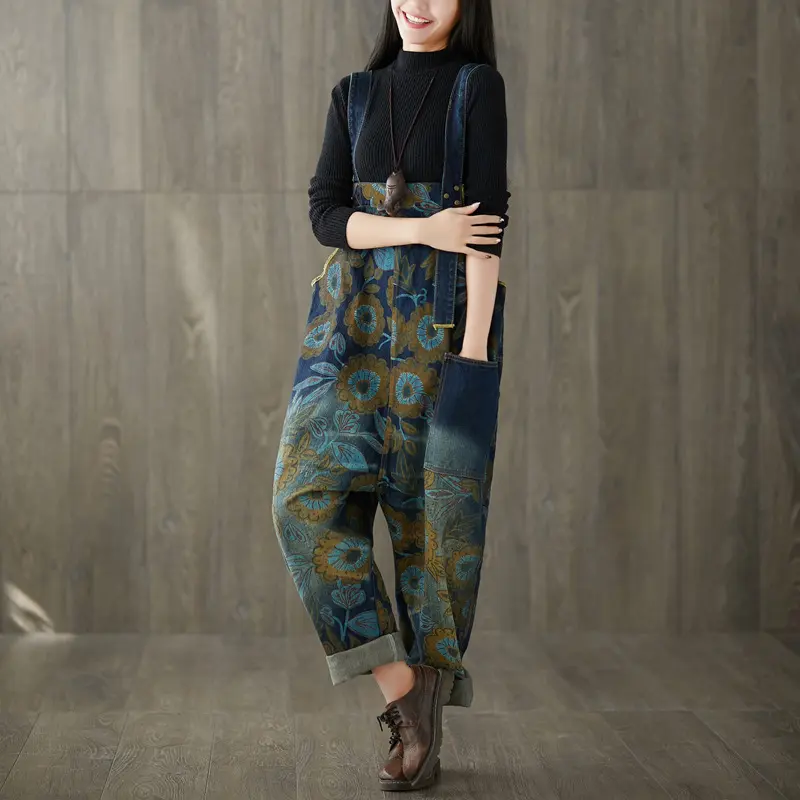 Jumpsuits Women Print Flotal Denim One Piece Jeans Suspenders Overalls Wide Leg Long Pants High Waist Rompers Y2k Streetwear