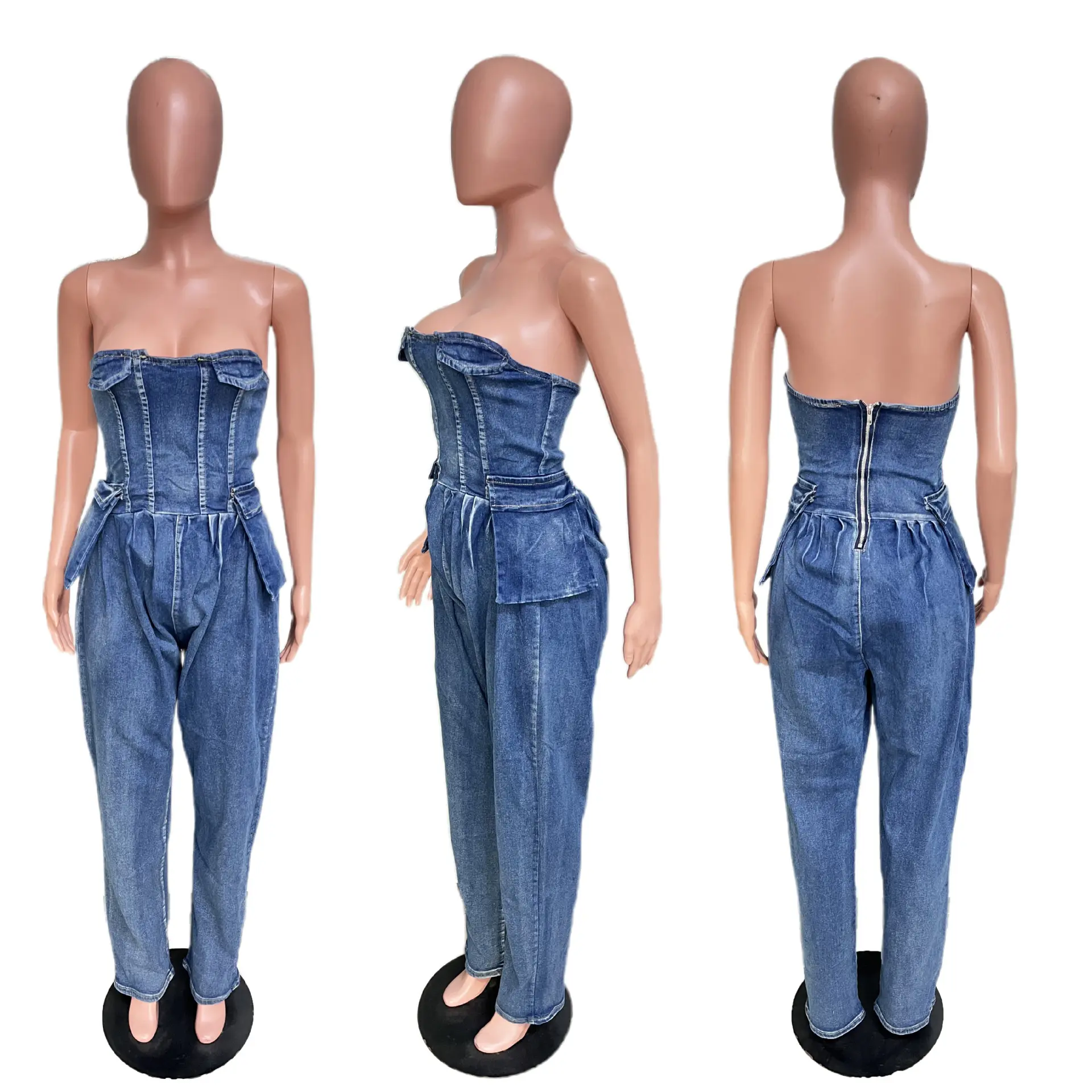 Demin Overalls Women Strapless Jumpsuits Sexy One Piece Long Pants High Waist Streetwear Y2k Slim Fit Rompers 2025 Summer Party