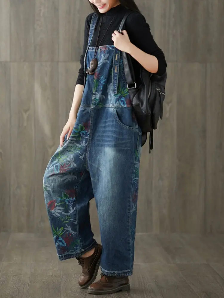 Jumpsuits Women Print One Piece Suspenders Denim Overalls Wide Leg Long Pants High Waist Rompers Y2k Streetwear Work Elegant