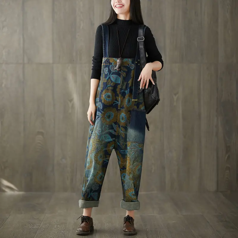 Jumpsuits Women Print Flotal Denim One Piece Jeans Suspenders Overalls Wide Leg Long Pants High Waist Rompers Y2k Streetwear