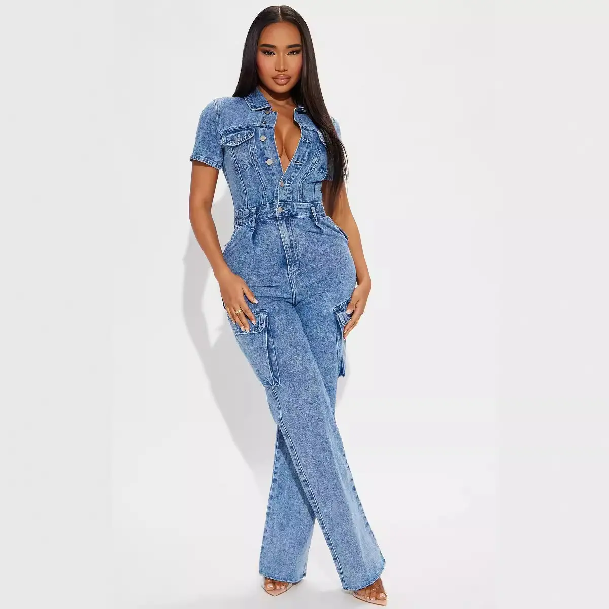 Jumpsuits Women Demin Overalls Short Sleeve One Piece Long Pants Y2k Streetwear High Waist Single Breasted Rompers Mom Jeans