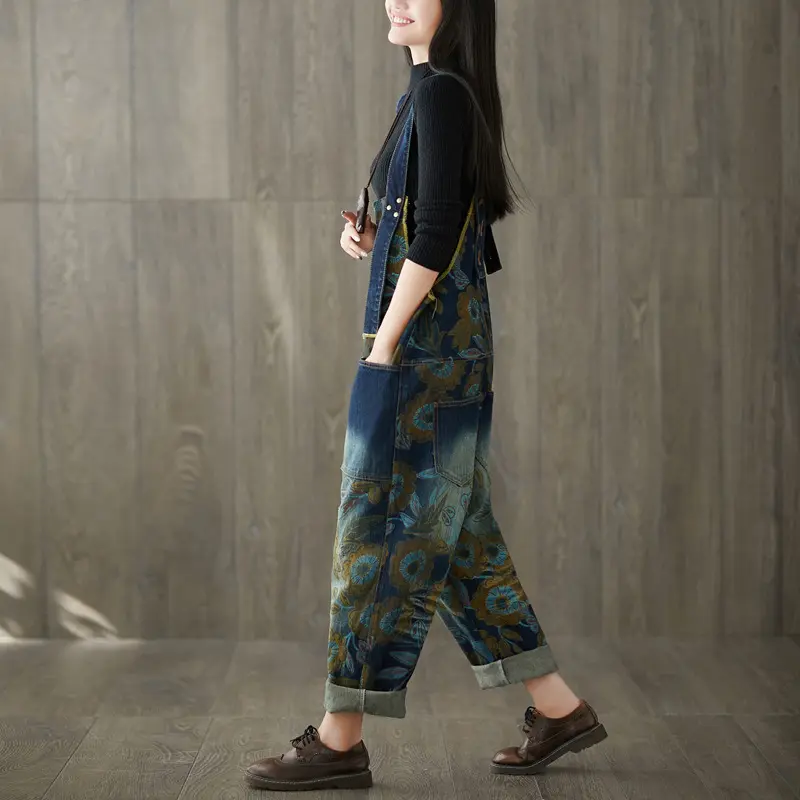 Jumpsuits Women Print Flotal Denim One Piece Jeans Suspenders Overalls Wide Leg Long Pants High Waist Rompers Y2k Streetwear