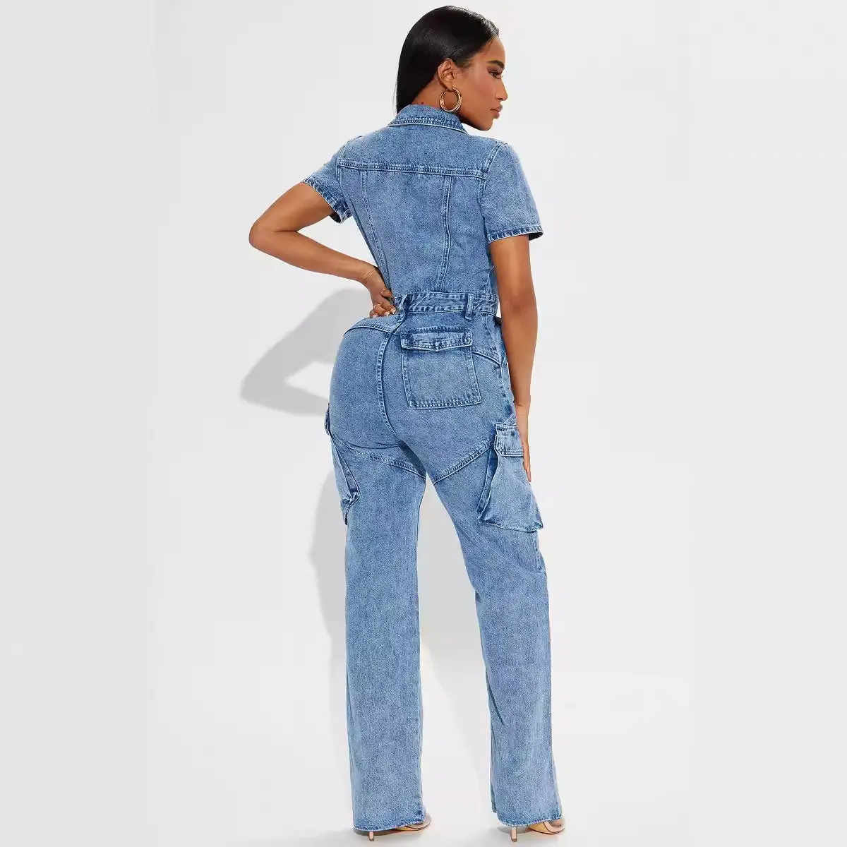 Jumpsuits Women Demin Overalls Short Sleeve One Piece Long Pants Y2k Streetwear High Waist Single Breasted Rompers Mom Jeans