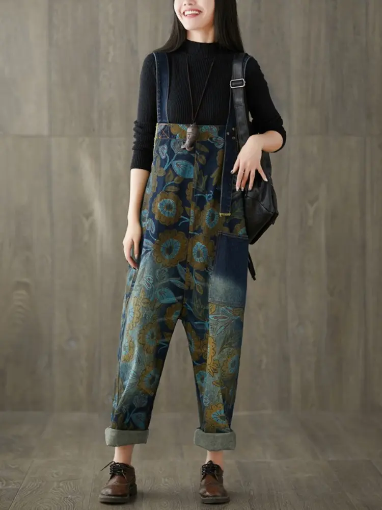 Jumpsuits Women Print Flotal Denim One Piece Jeans Suspenders Overalls Wide Leg Long Pants High Waist Rompers Y2k Streetwear