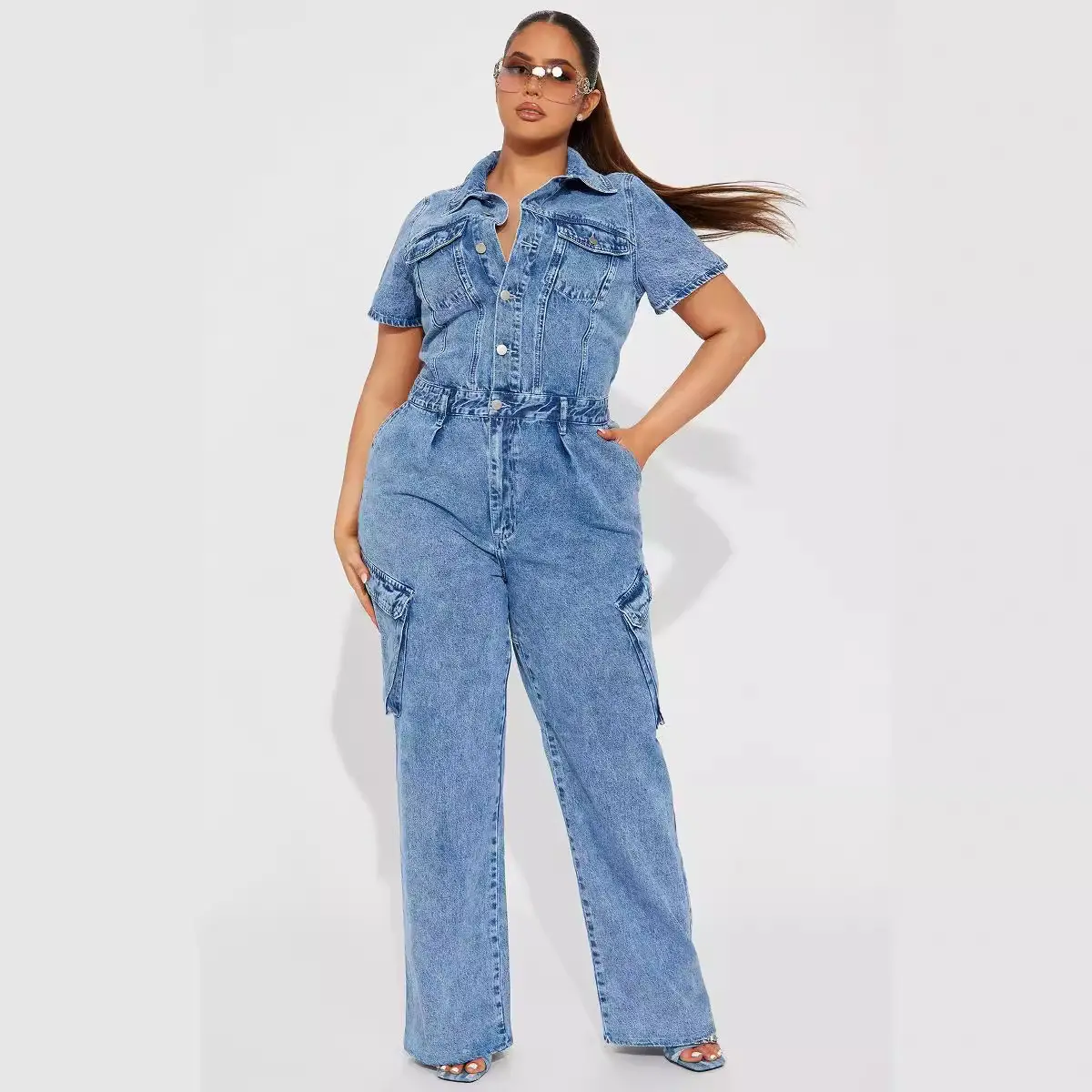 Jumpsuits Women Demin Overalls Short Sleeve One Piece Long Pants Y2k Streetwear High Waist Single Breasted Rompers Mom Jeans