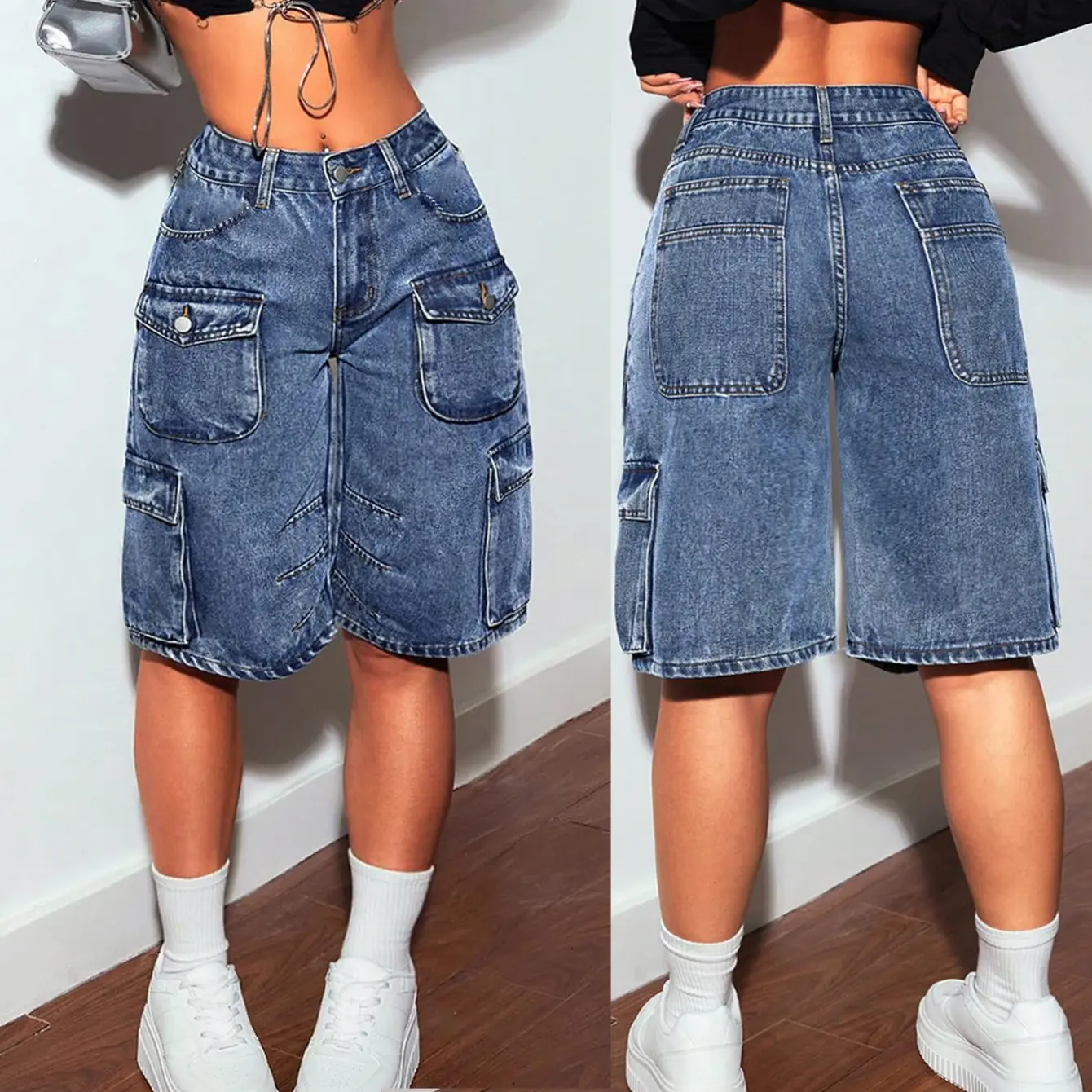 Denim Pant Women Mom Jeans Wide Leg Knee Length Pants Slim Fit High Waist Straight Trousers Y2k Streetwear Elegant Capris Work