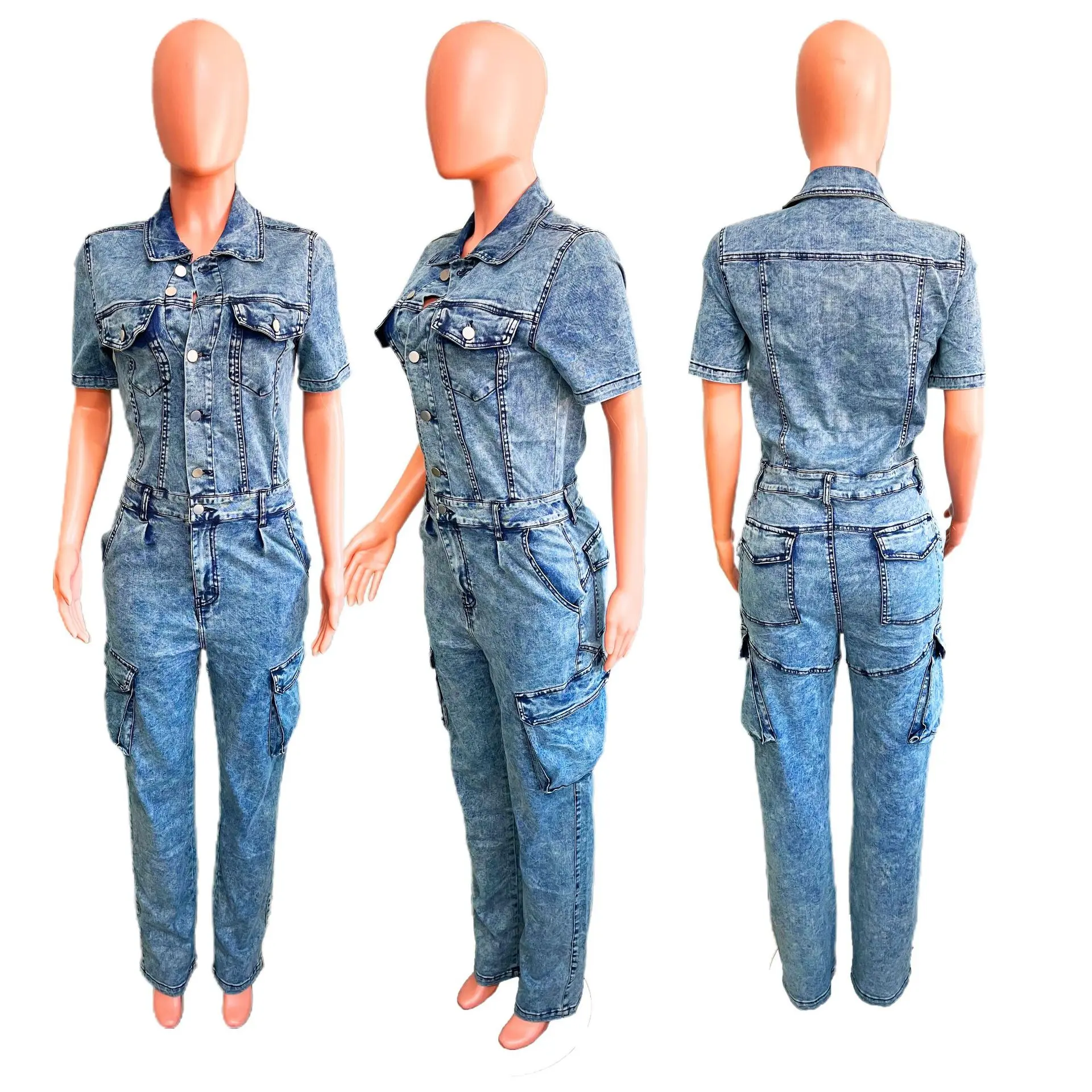 Jumpsuits Women Demin Overalls Short Sleeve One Piece Long Pants Y2k Streetwear High Waist Single Breasted Rompers Mom Jeans