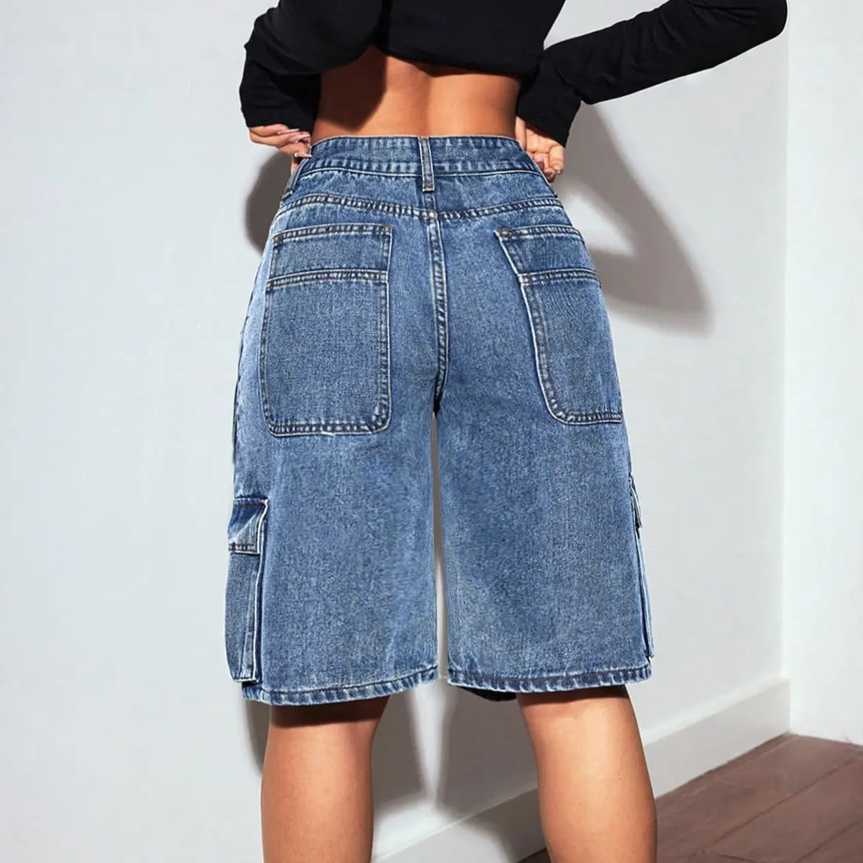Denim Pant Women Mom Jeans Wide Leg Knee Length Pants Slim Fit High Waist Straight Trousers Y2k Streetwear Elegant Capris Work