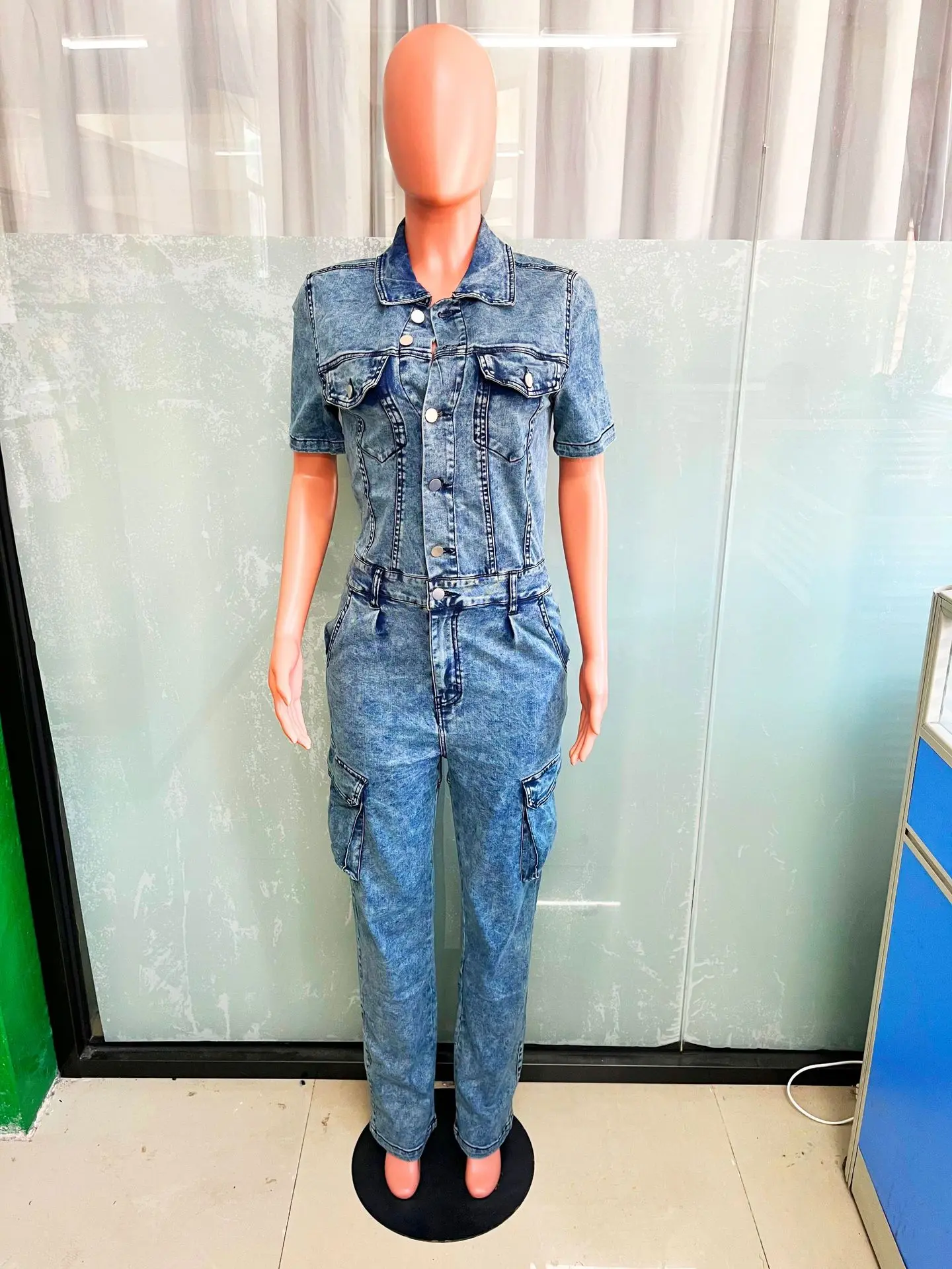 Jumpsuits Women Demin Overalls Short Sleeve One Piece Long Pants Y2k Streetwear High Waist Single Breasted Rompers Mom Jeans