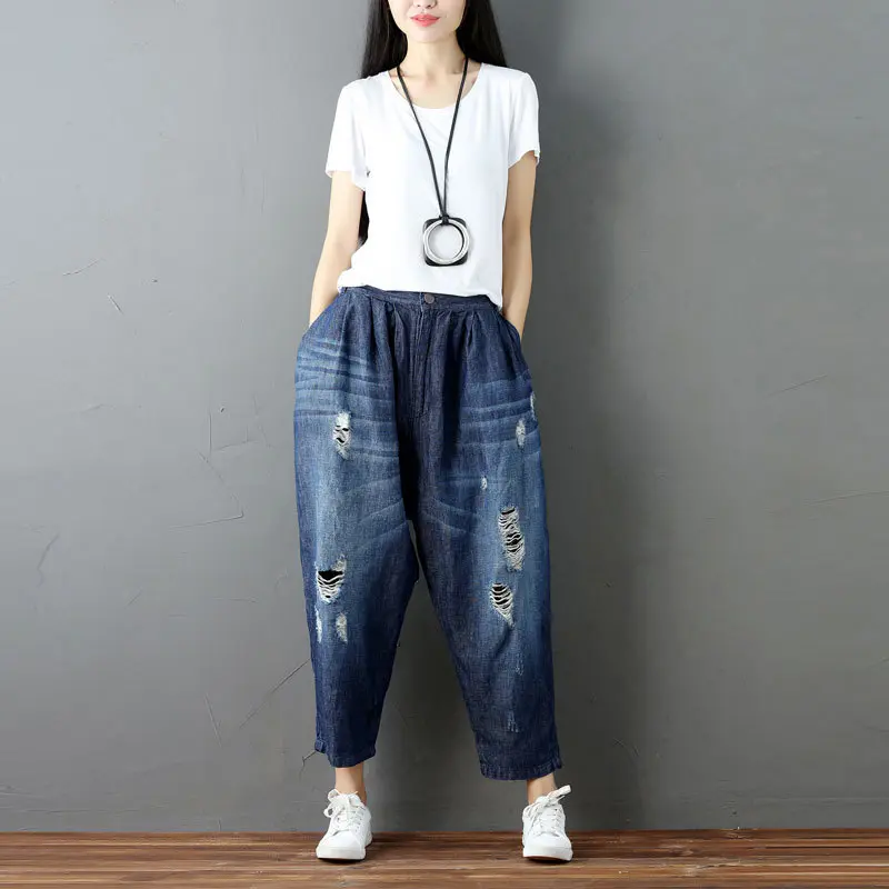 Denim Pant Women Jeans Long Pants Wide Leg Hole High Waist Straight Trousers Y2k Streetwear Elegant Mom Jeans Work Casual Loose