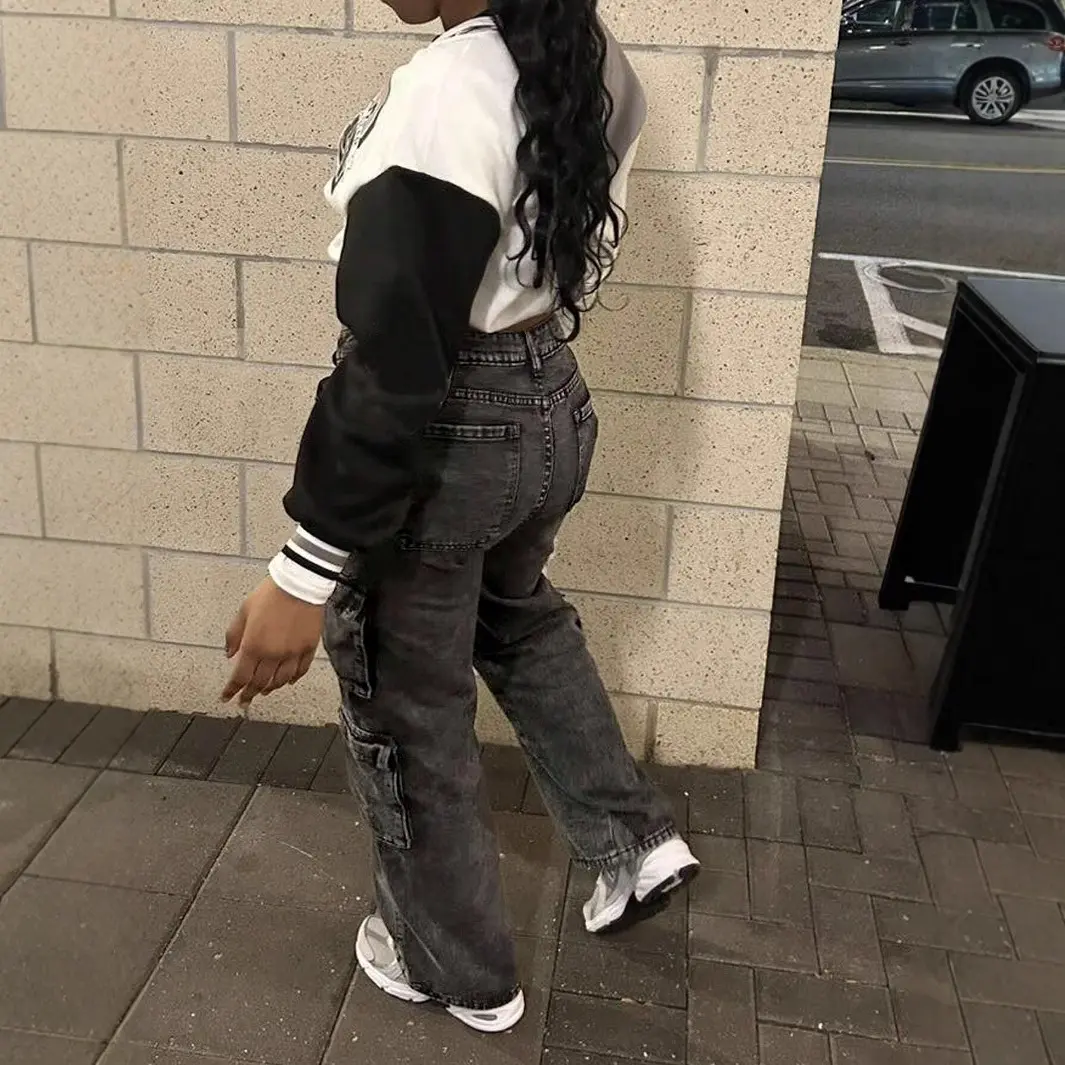 Women Denim Pant Jeans Long Pants Pockets High Waist Straight Trousers Y2k Mom Streetwear Splice Casual Loose Spring 2025 Club