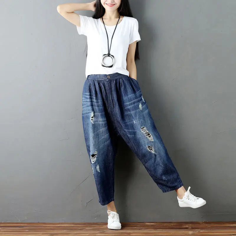 Denim Pant Women Jeans Long Pants Wide Leg Hole High Waist Straight Trousers Y2k Streetwear Elegant Mom Jeans Work Casual Loose