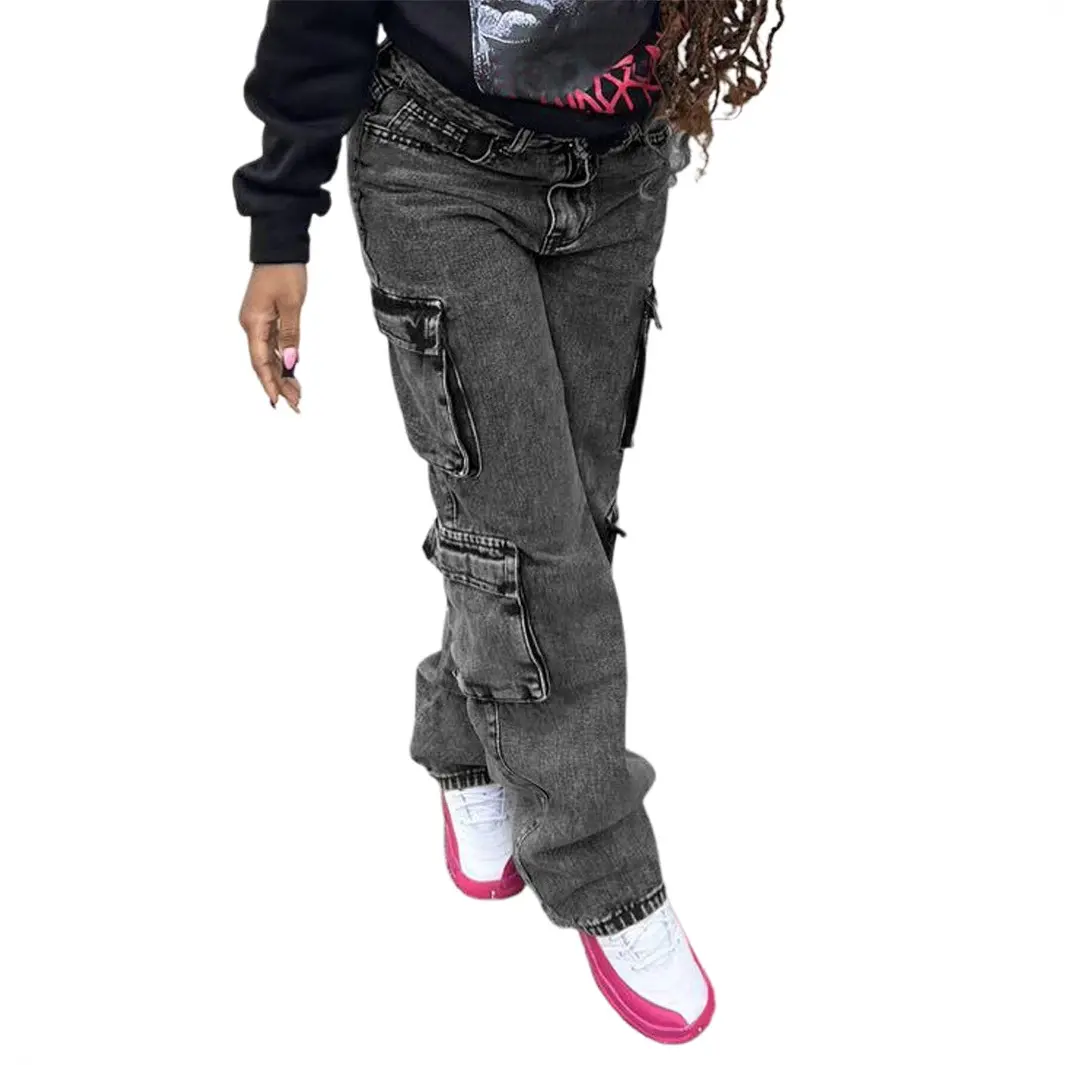Women Denim Pant Jeans Long Pants Pockets High Waist Straight Trousers Y2k Mom Streetwear Splice Casual Loose Spring 2025 Club