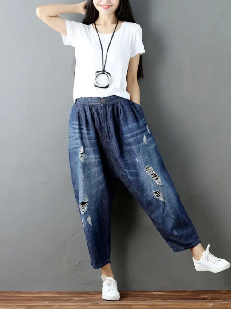 Denim Pant Women Jeans Long Pants Wide Leg Hole High Waist Straight Trousers Y2k Streetwear Elegant Mom Jeans Work Casual Loose