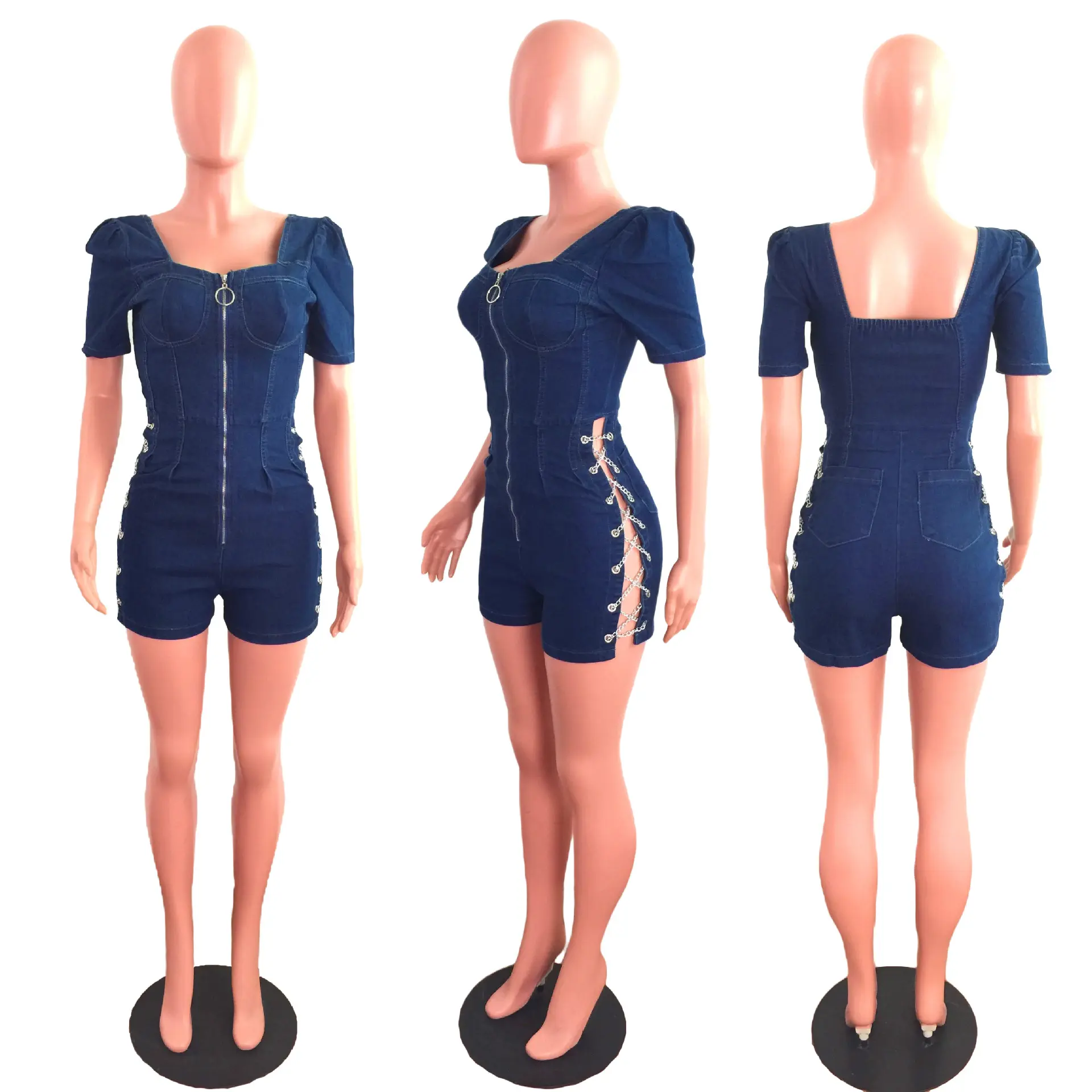 Denim Shorts Women Jumpsuits Zipper One Piece Short Sleeve Sexy Overalls Rompers Y2k Streetwear Jumpsuit Bodycon Party Club