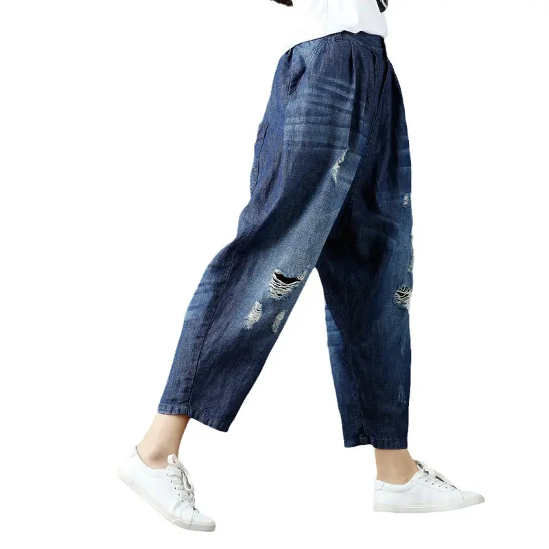 Denim Pant Women Jeans Long Pants Wide Leg Hole High Waist Straight Trousers Y2k Streetwear Elegant Mom Jeans Work Casual Loose
