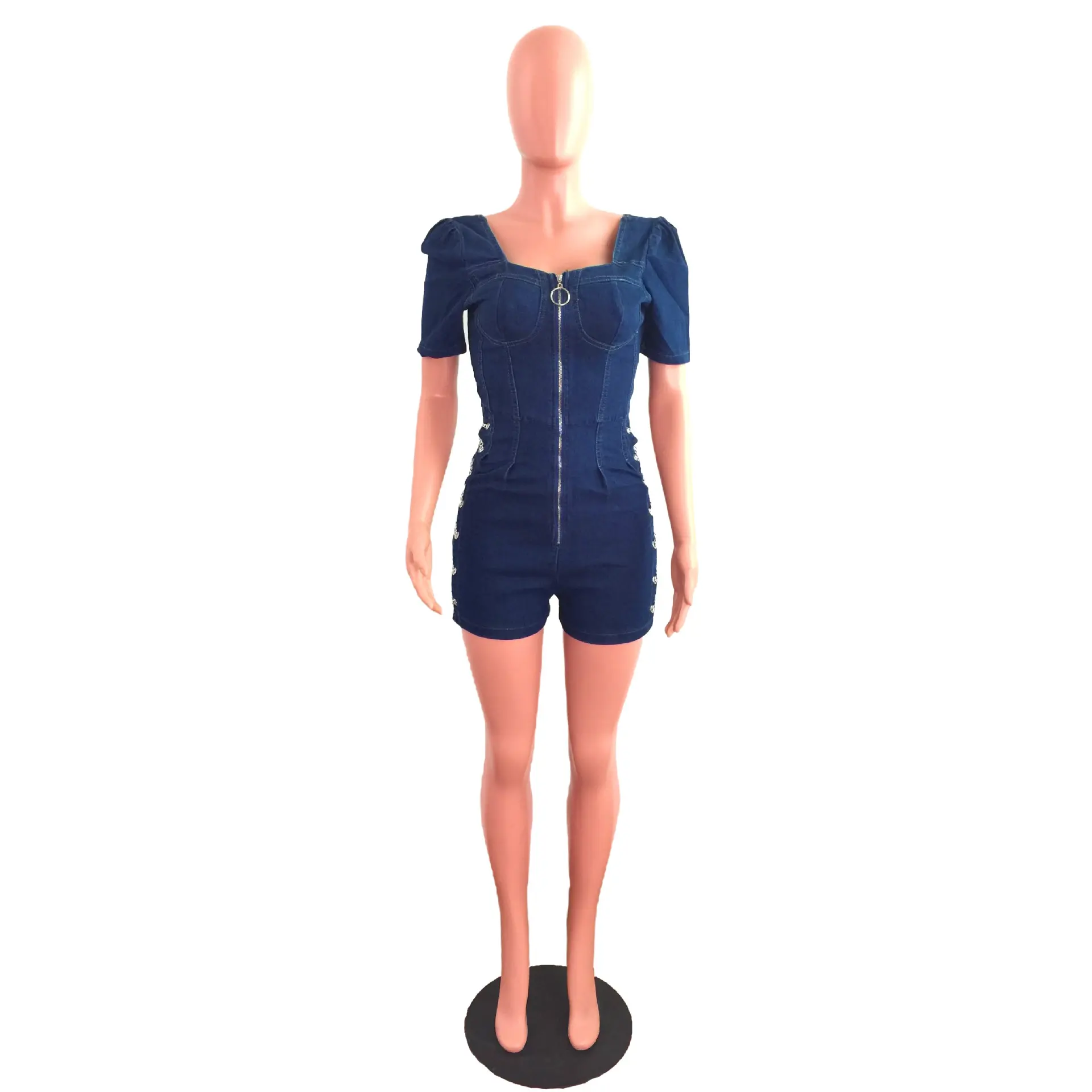Denim Shorts Women Jumpsuits Zipper One Piece Short Sleeve Sexy Overalls Rompers Y2k Streetwear Jumpsuit Bodycon Party Club