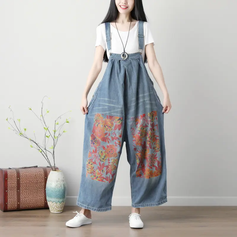 Suspenders Overalls Women Sling Jumpsuits Denim One Piece Wide Leg Mom Jeans Long Pants High Waist Rompers Y2k Streetwear Print