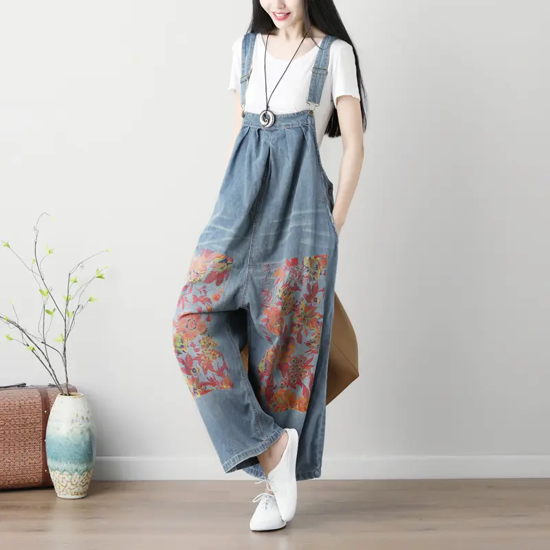 Suspenders Overalls Women Sling Jumpsuits Denim One Piece Wide Leg Mom Jeans Long Pants High Waist Rompers Y2k Streetwear Print