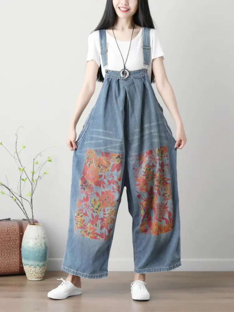 Suspenders Overalls Women Sling Jumpsuits Denim One Piece Wide Leg Mom Jeans Long Pants High Waist Rompers Y2k Streetwear Print