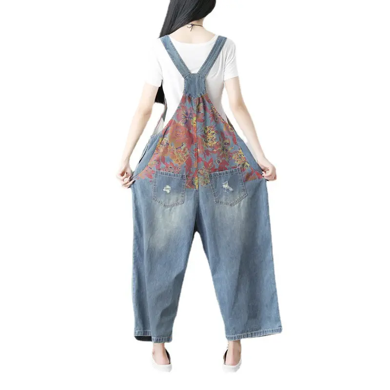 Suspenders Overalls Women Sling Jumpsuits Denim One Piece Wide Leg Mom Jeans Long Pants High Waist Rompers Y2k Streetwear Print