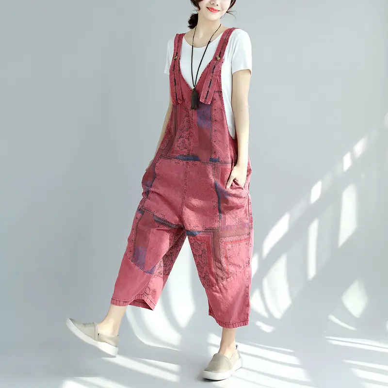 Suspenders Overalls Women V Neck Jumpsuits Denim One Piece Wide Leg Long Pants Mom Jeans High Waist Rompers Y2k Streetwear Print