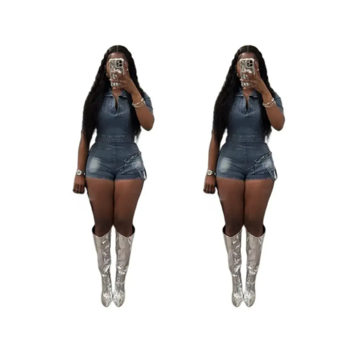 Denim Jumpsuits Women Vintage Rompers Overalls Stretch Washed Turn Down Collar Sexy Jeans Short Pants One Piece Shorts 2025