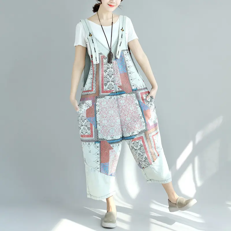 Suspenders Overalls Women V Neck Jumpsuits Denim One Piece Wide Leg Long Pants Mom Jeans High Waist Rompers Y2k Streetwear Print