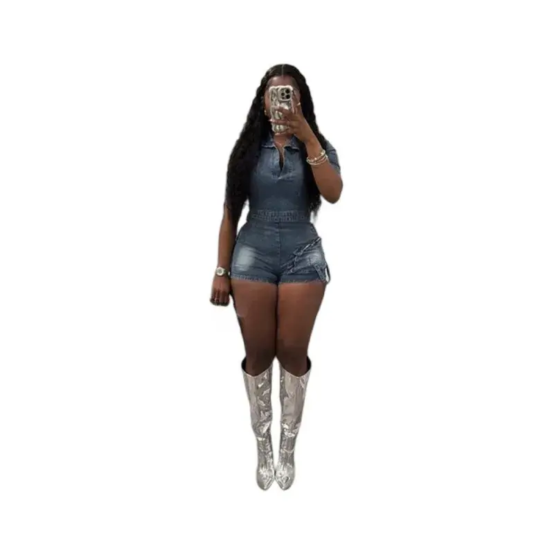Denim Jumpsuits Women Vintage Rompers Overalls Stretch Washed Turn Down Collar Sexy Jeans Short Pants One Piece Shorts 2025