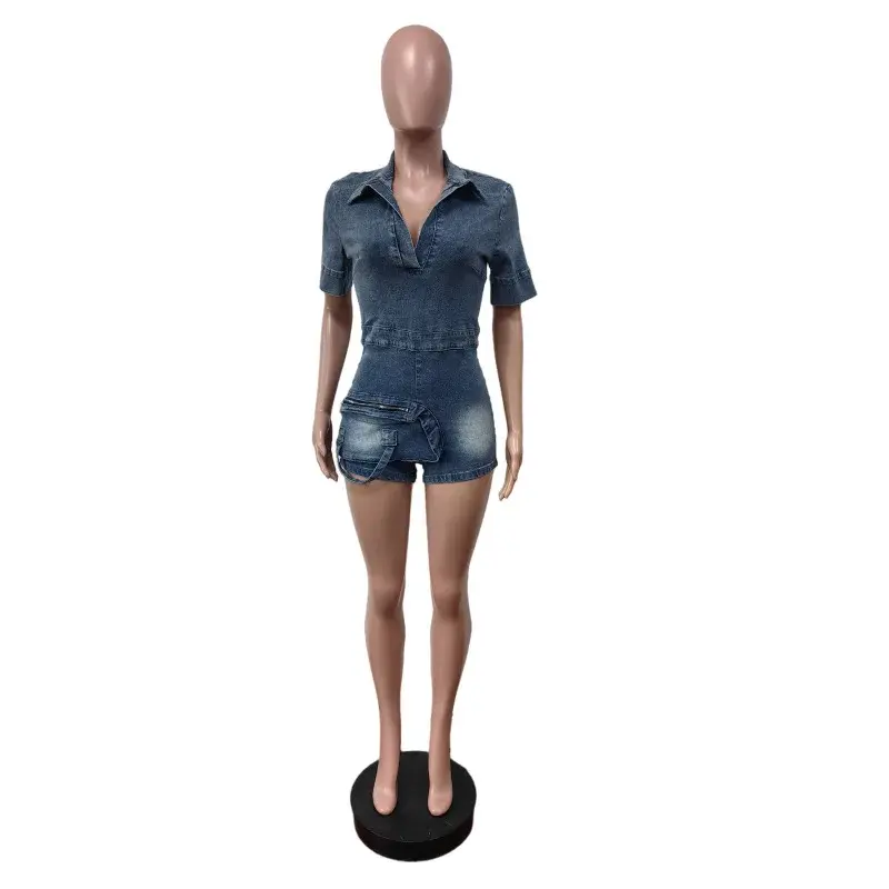 Denim Jumpsuits Women Vintage Rompers Overalls Stretch Washed Turn Down Collar Sexy Jeans Short Pants One Piece Shorts 2025