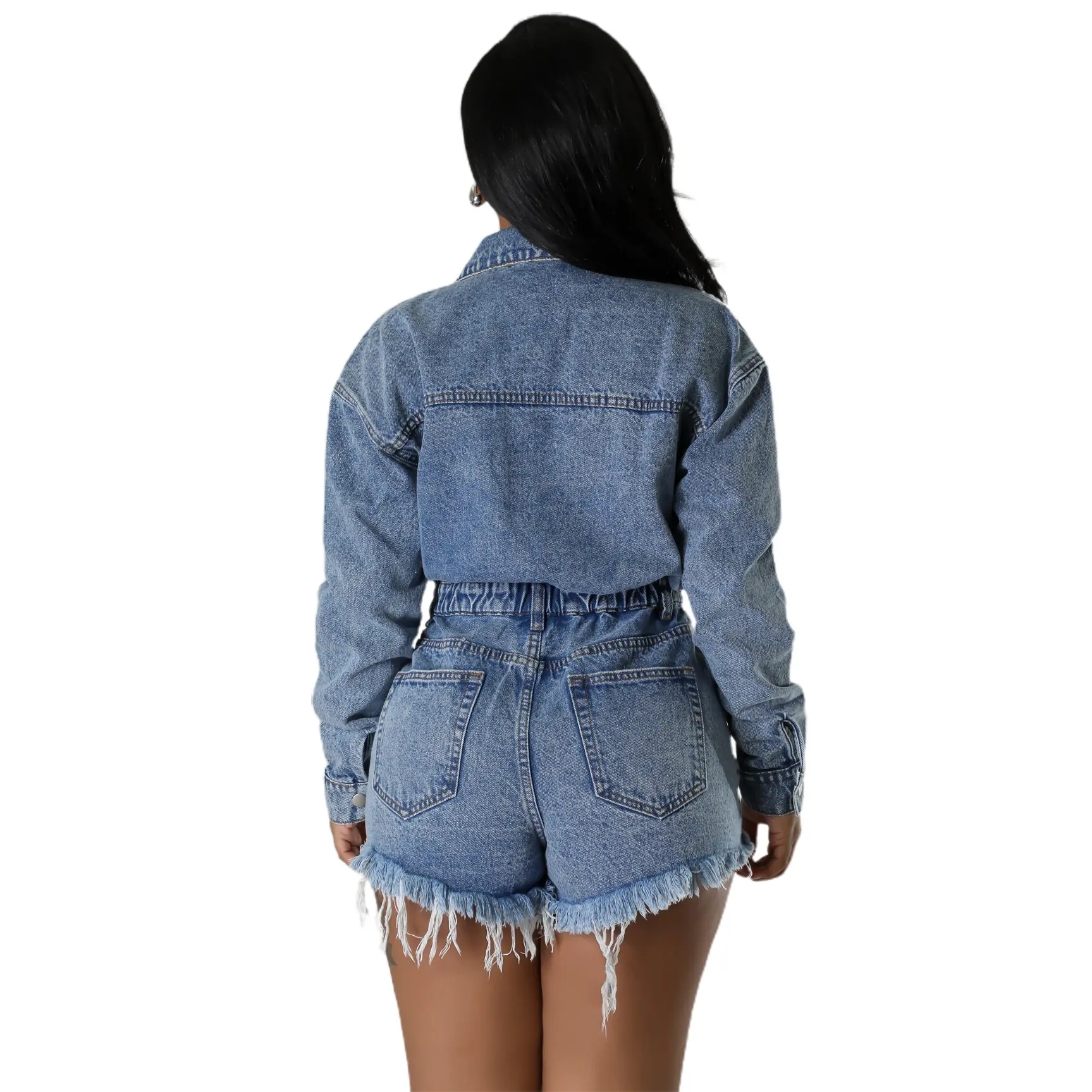 Women Jeans Shorts Denim Washing Overalls Tassel Spliced Button Pockets Solid High Waist Holes Sexy Distressed Streetwear