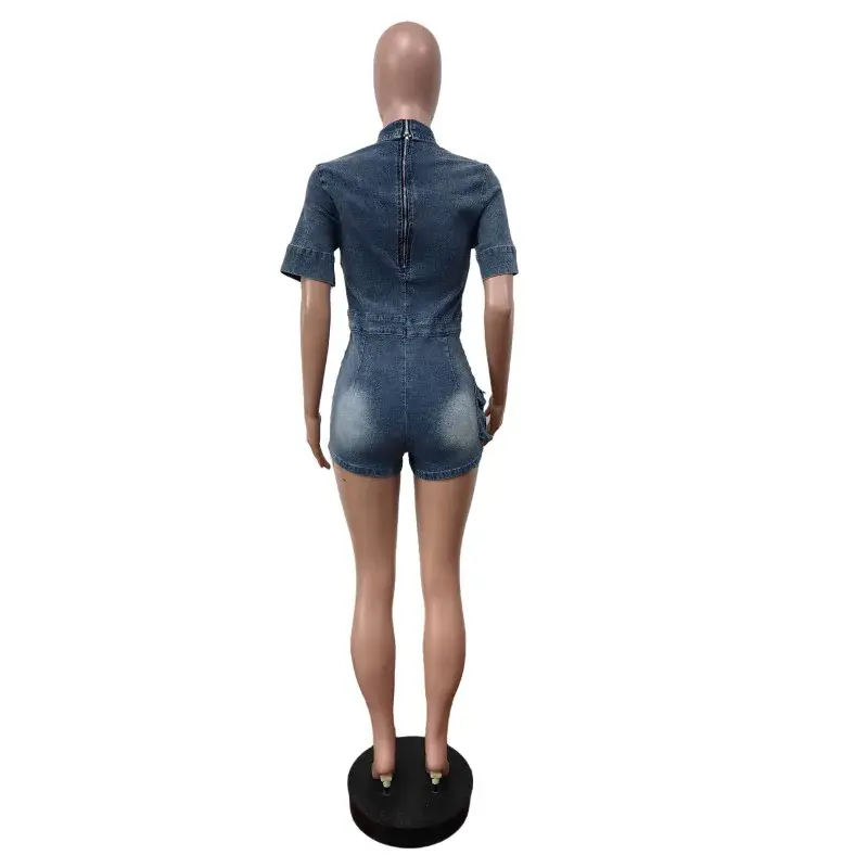 Denim Jumpsuits Women Vintage Rompers Overalls Stretch Washed Turn Down Collar Sexy Jeans Short Pants One Piece Shorts 2025