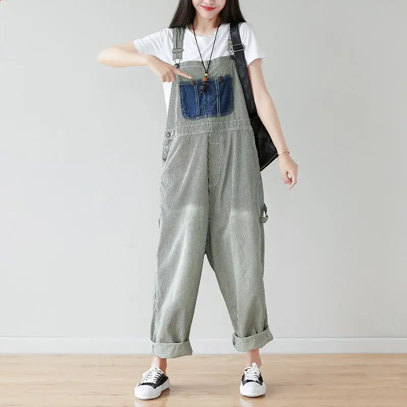 Jumpsuits Women Striped Denim One Piece Suspenders Overalls Mom Jeans Wide Leg Long Pants High Waist Rompers Y2k Streetwear