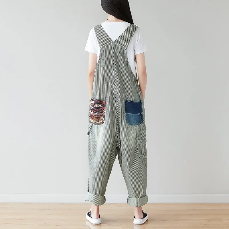Jumpsuits Women Striped Denim One Piece Suspenders Overalls Mom Jeans Wide Leg Long Pants High Waist Rompers Y2k Streetwear