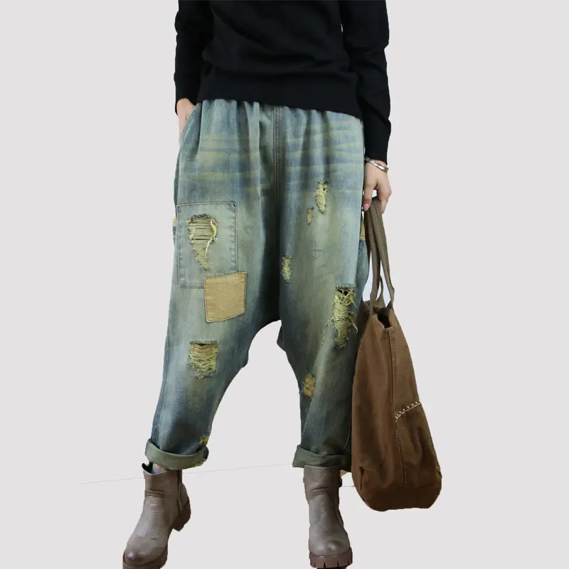 Denim Pant Women Jeans Wide Leg Long Pants Hole High Waist Straight Mom Jeans Trousers Y2k Streetwear Elegant Splice Casual Work