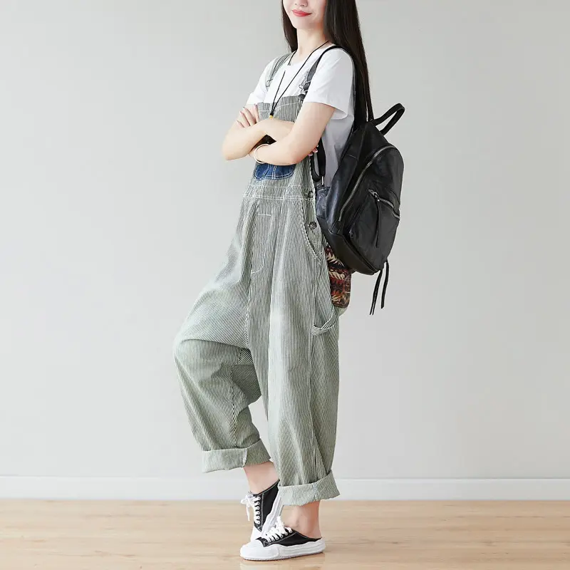 Jumpsuits Women Striped Denim One Piece Suspenders Overalls Mom Jeans Wide Leg Long Pants High Waist Rompers Y2k Streetwear