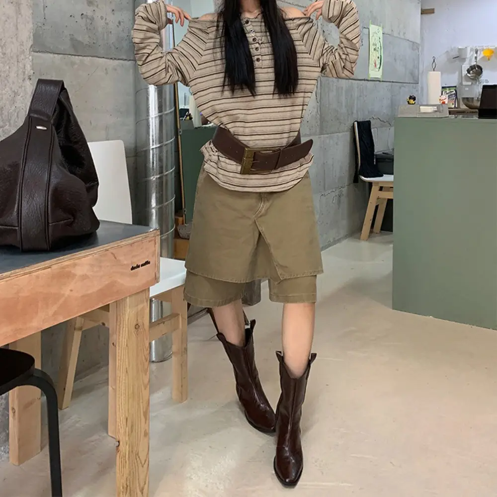 Jeans Culotte Women Knee Length Wide Leg Pants Fake Two Pieces Denims Mid Waist Washed Distressed Shorts Streetwear 2025