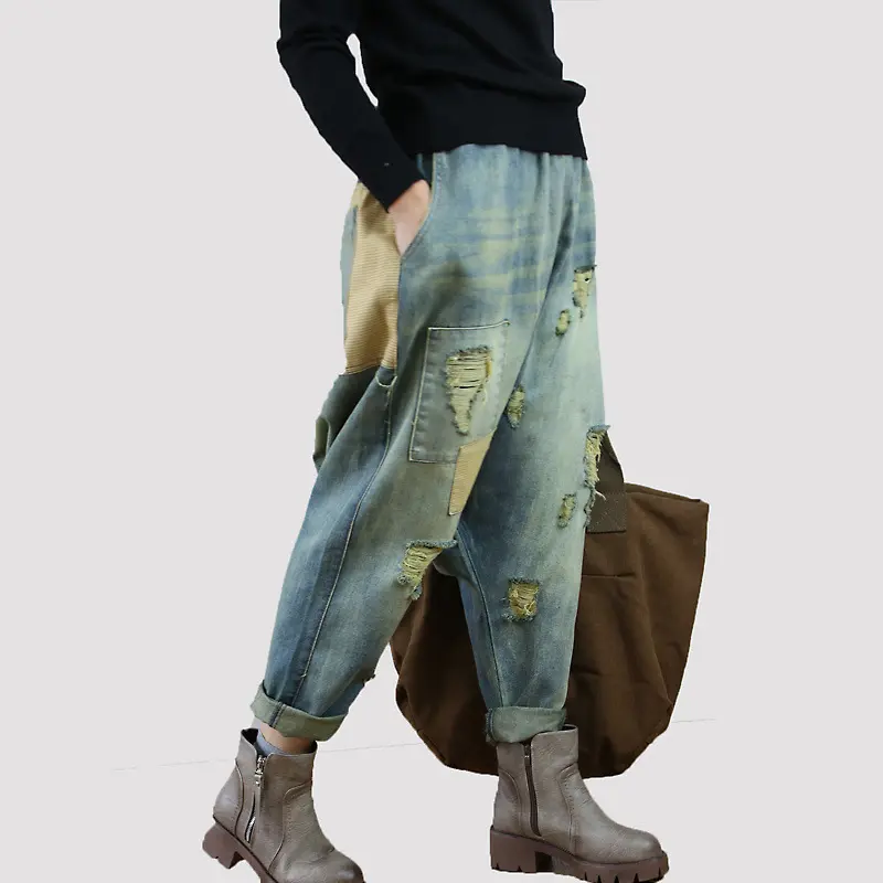 Denim Pant Women Jeans Wide Leg Long Pants Hole High Waist Straight Mom Jeans Trousers Y2k Streetwear Elegant Splice Casual Work