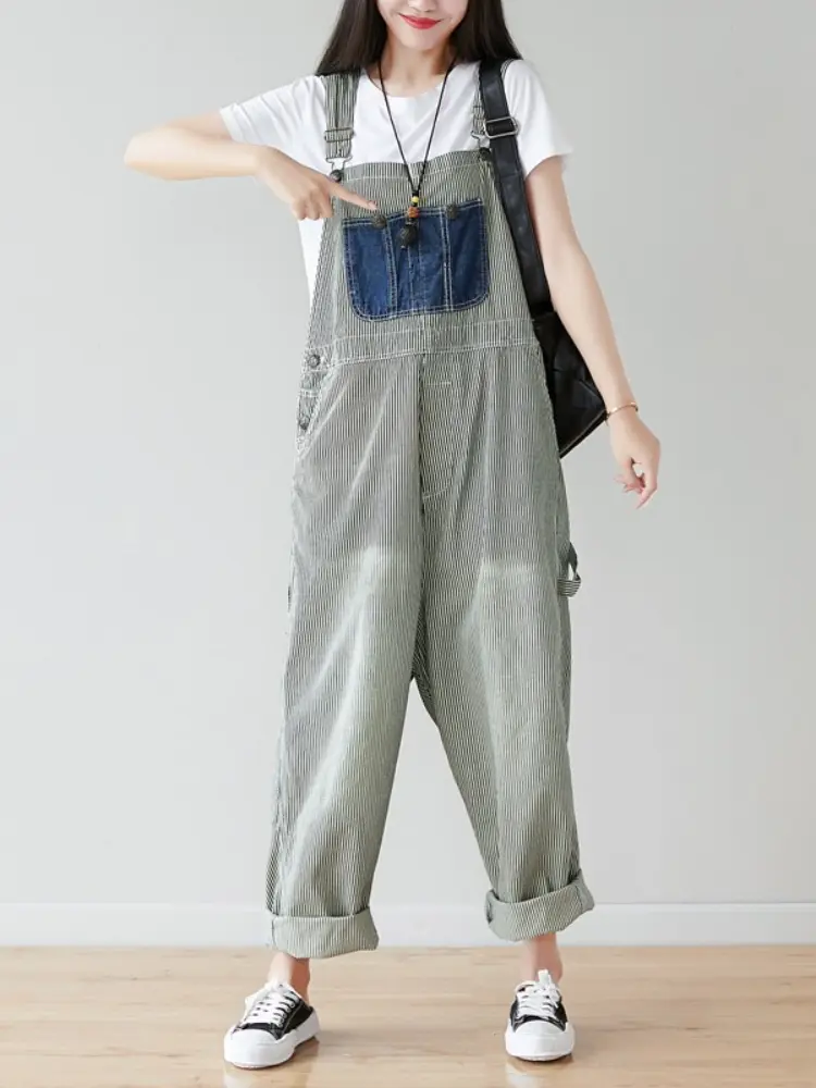 Jumpsuits Women Striped Denim One Piece Suspenders Overalls Mom Jeans Wide Leg Long Pants High Waist Rompers Y2k Streetwear