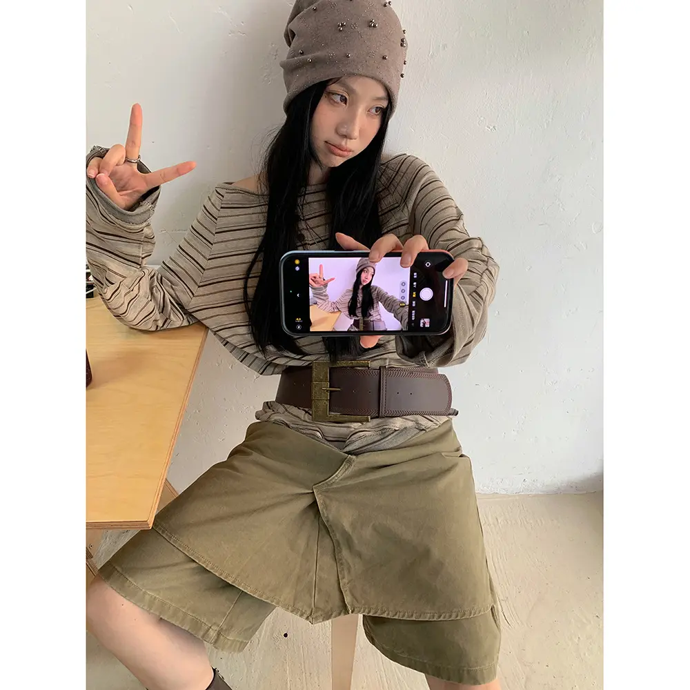 Jeans Culotte Women Knee Length Wide Leg Pants Fake Two Pieces Denims Mid Waist Washed Distressed Shorts Streetwear 2025