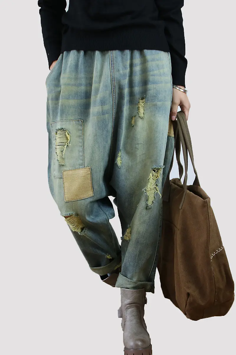 Denim Pant Women Jeans Wide Leg Long Pants Hole High Waist Straight Mom Jeans Trousers Y2k Streetwear Elegant Splice Casual Work