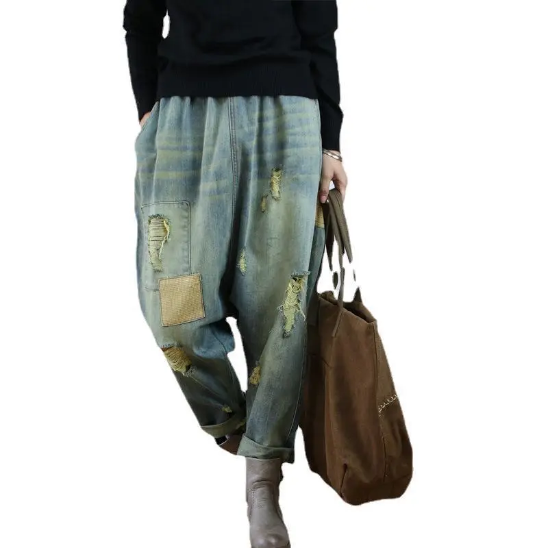 Denim Pant Women Jeans Wide Leg Long Pants Hole High Waist Straight Mom Jeans Trousers Y2k Streetwear Elegant Splice Casual Work