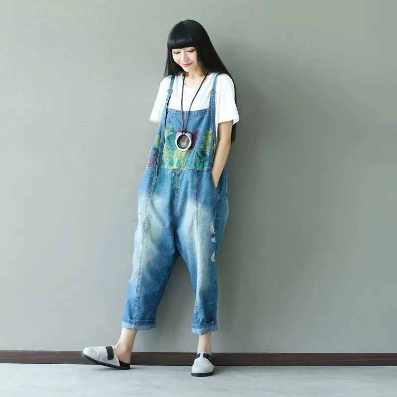 Suspenders Overalls Women Jumpsuits Denim One Piece Print Wide Leg Long Pants High Waist Rompers Y2k Streetwear Work Summer