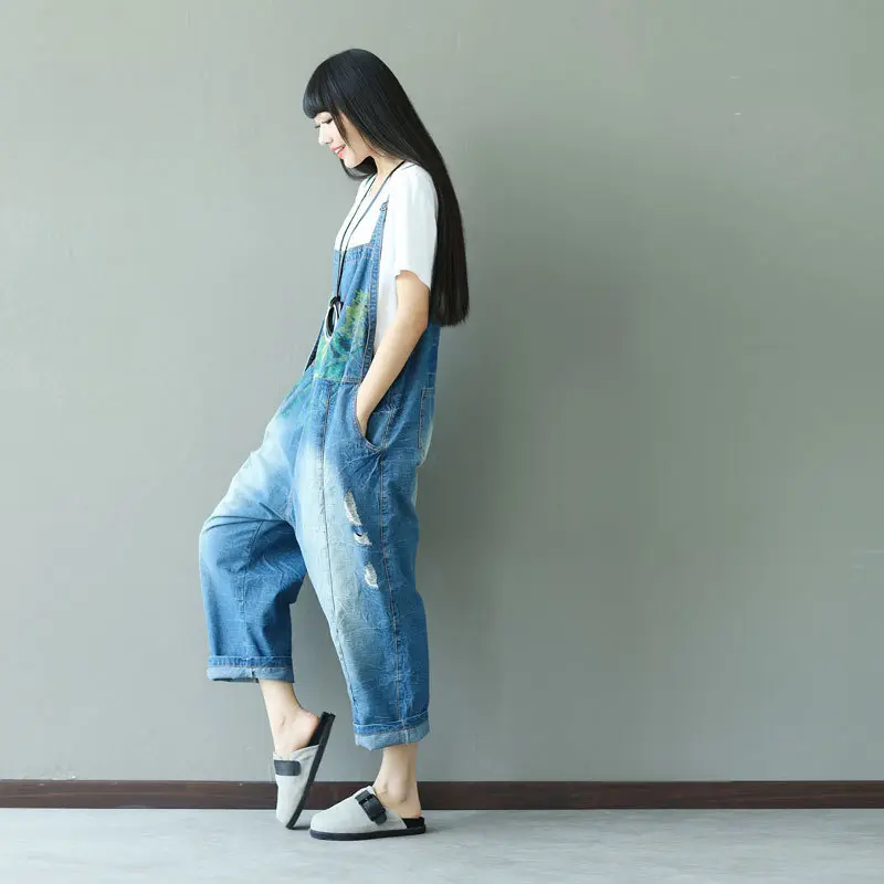 Suspenders Overalls Women Jumpsuits Denim One Piece Print Wide Leg Long Pants High Waist Rompers Y2k Streetwear Work Summer